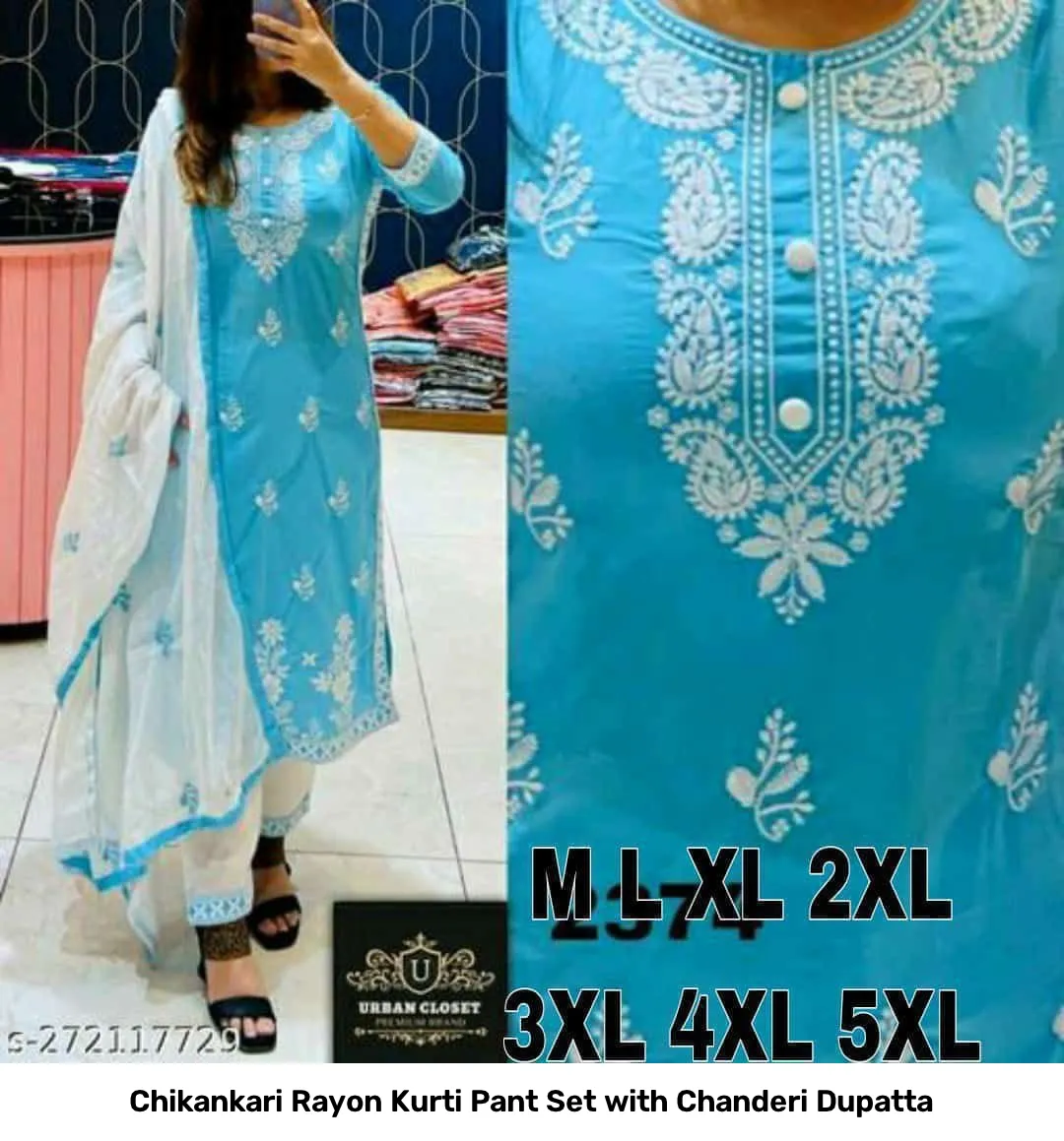 Chikankari Rayon Kurti Pant Set with Chanderi Dupatta 6