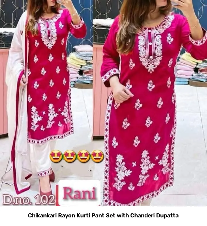 Chikankari Rayon Kurti Pant Set with Chanderi Dupatta 7