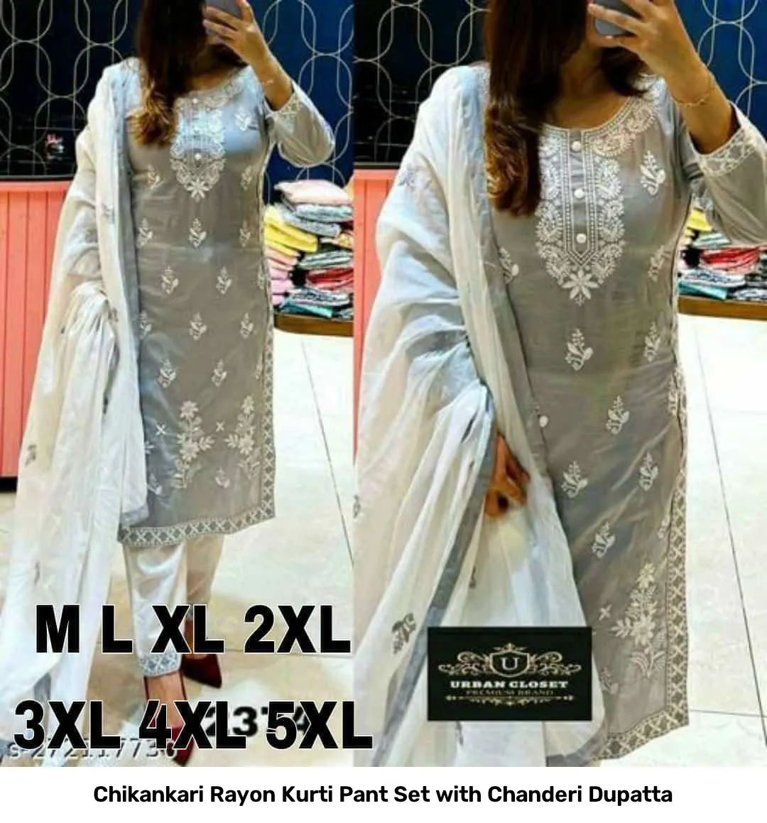 Chikankari Rayon Kurti Pant Set with Chanderi Dupatta 9