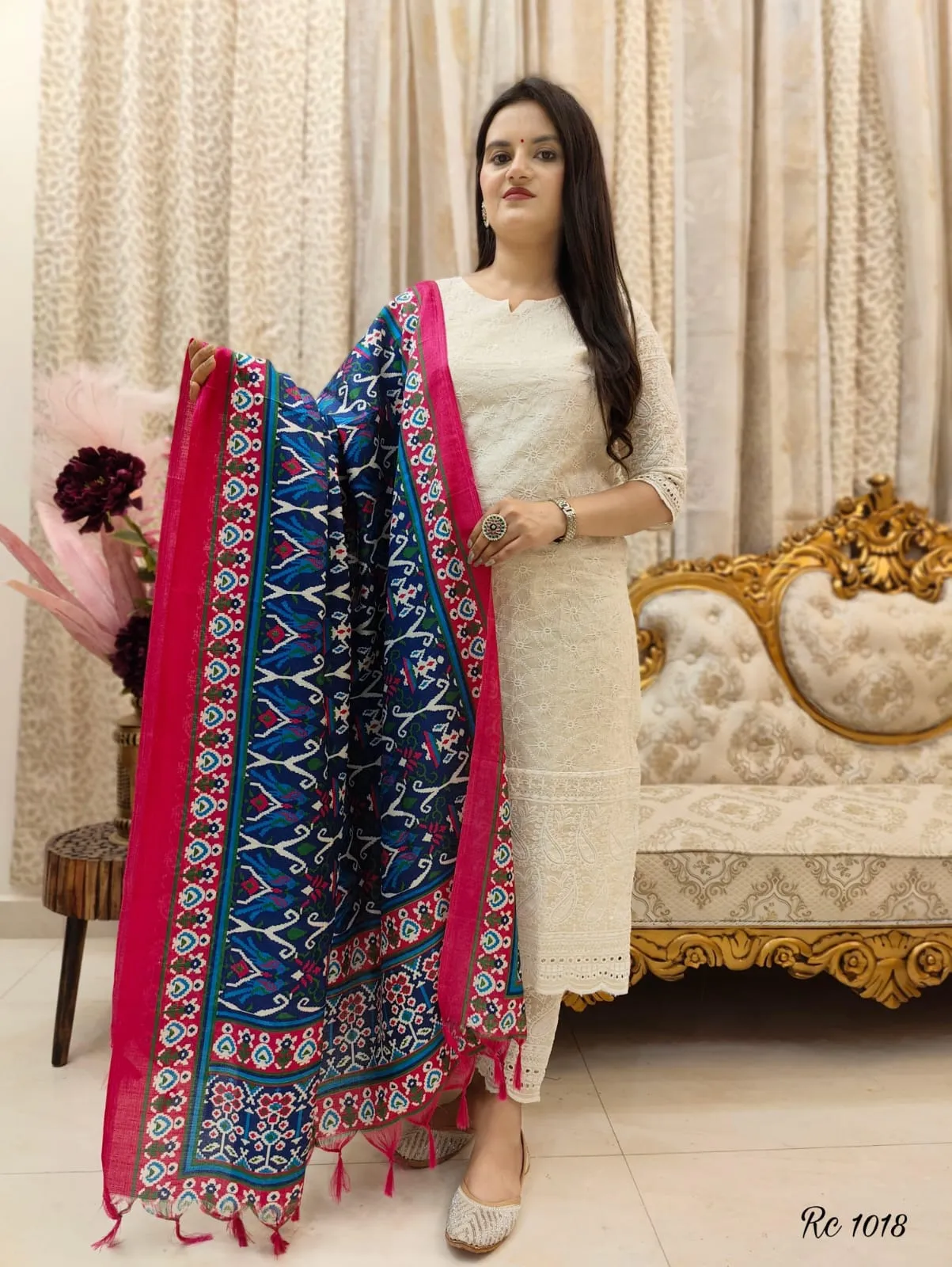 Chikankari Schiffly Kurta Pant & Art Silk Dupatta Set