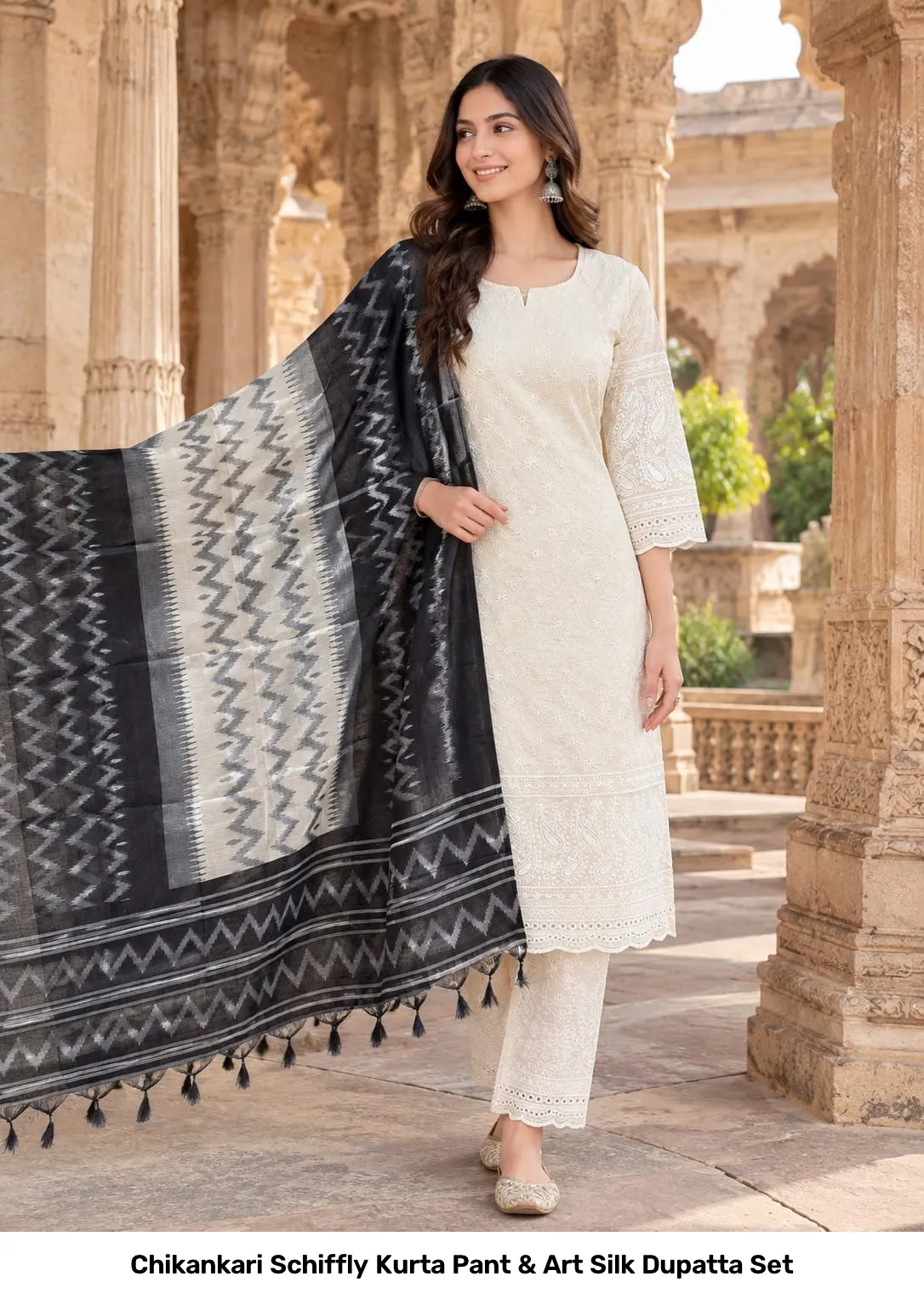 Chikankari Schiffly Kurta Pant & Art Silk Dupatta Set 10