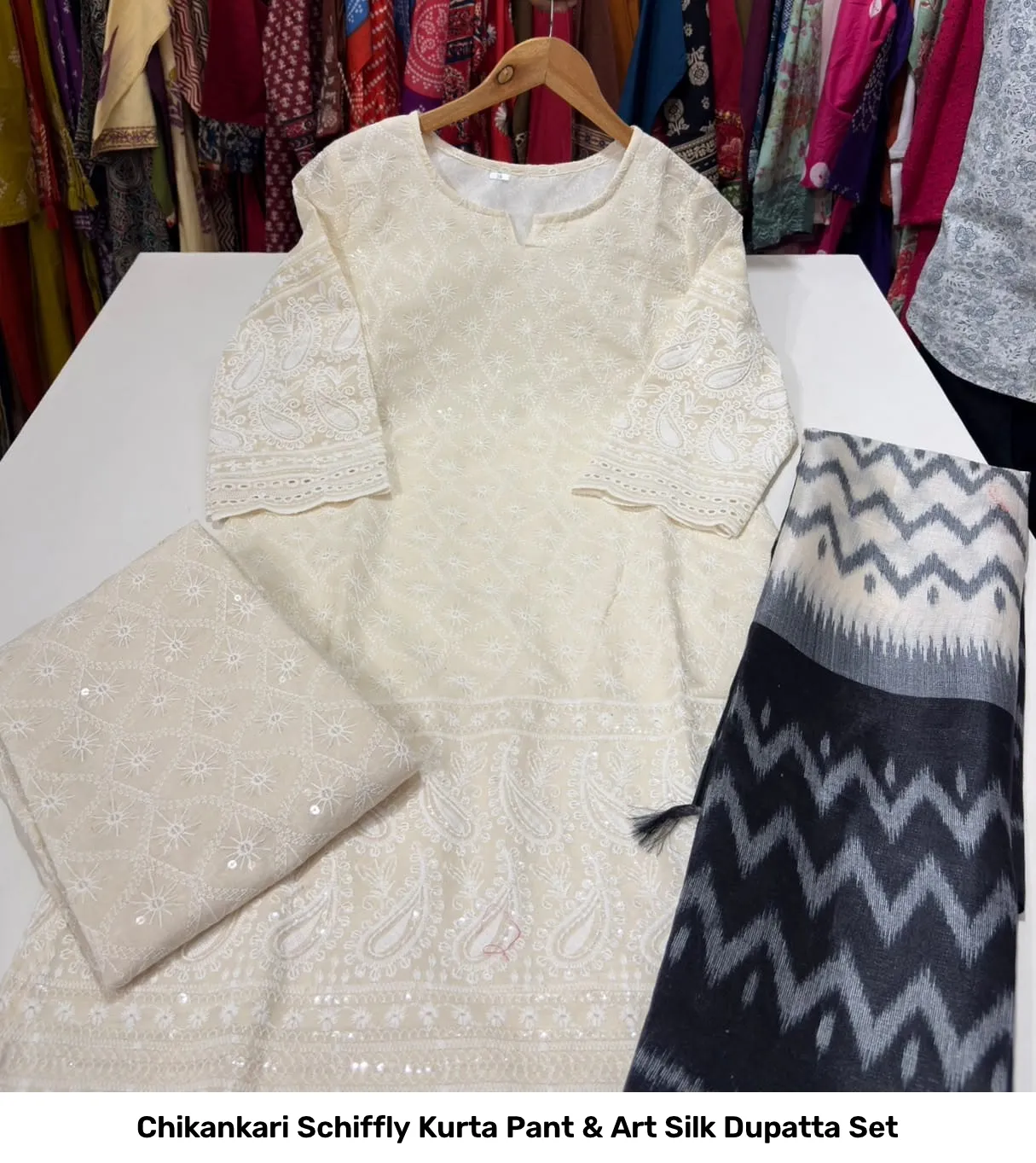 Chikankari Schiffly Kurta Pant & Art Silk Dupatta Set 11