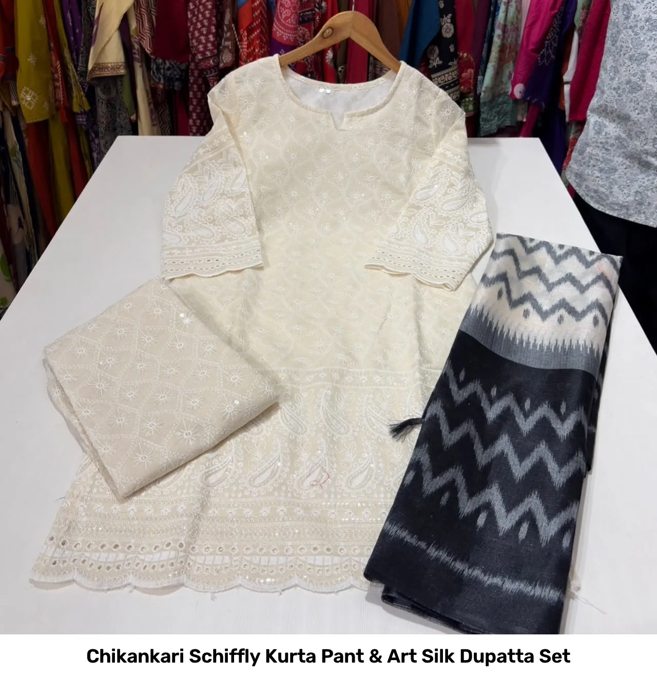 Chikankari Schiffly Kurta Pant & Art Silk Dupatta Set 12