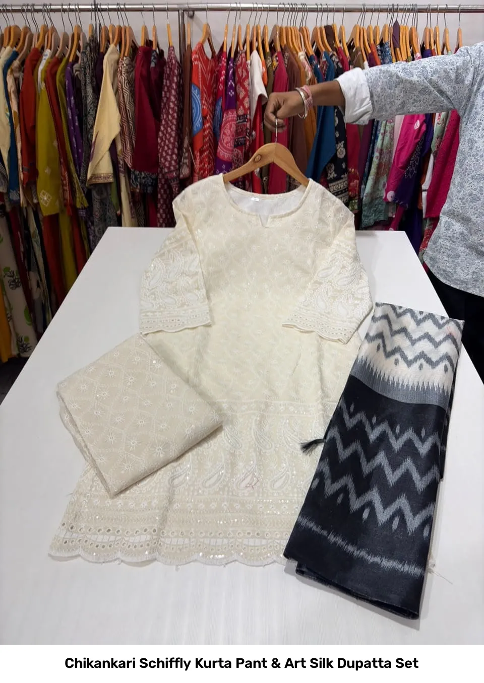 Chikankari Schiffly Kurta Pant & Art Silk Dupatta Set 2