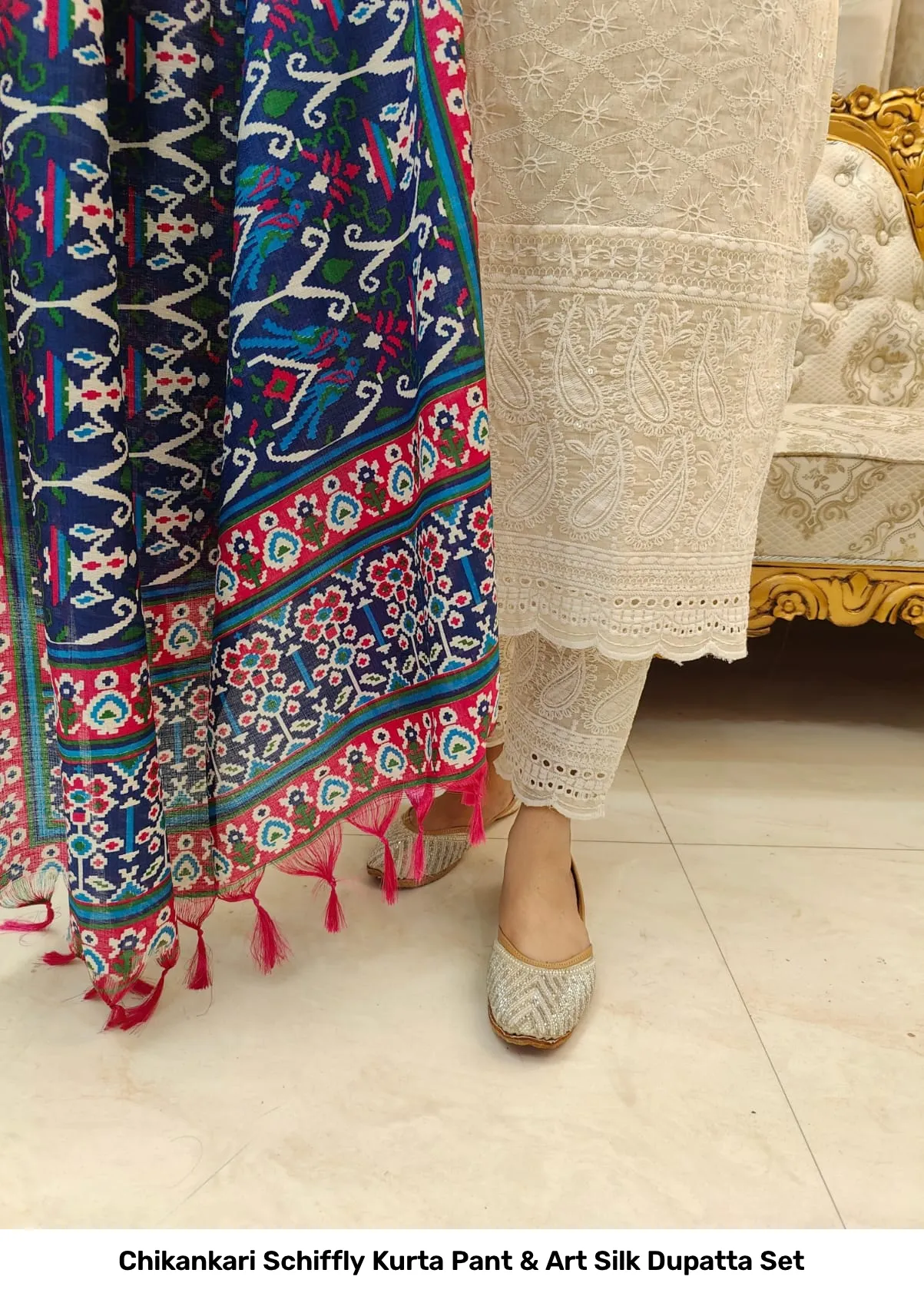 Chikankari Schiffly Kurta Pant & Art Silk Dupatta Set 3