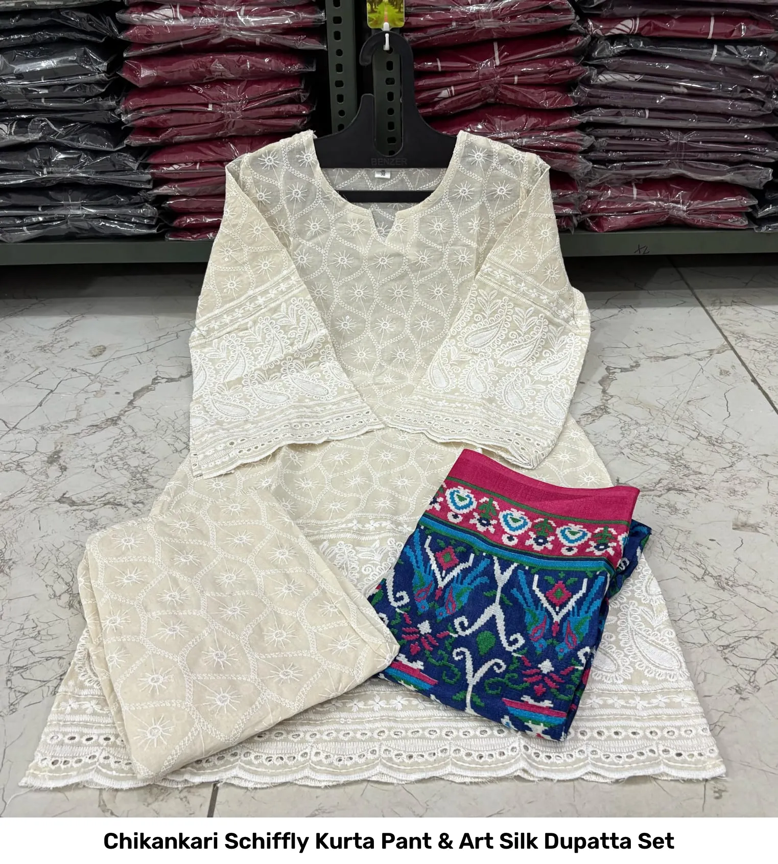 Chikankari Schiffly Kurta Pant & Art Silk Dupatta Set 4