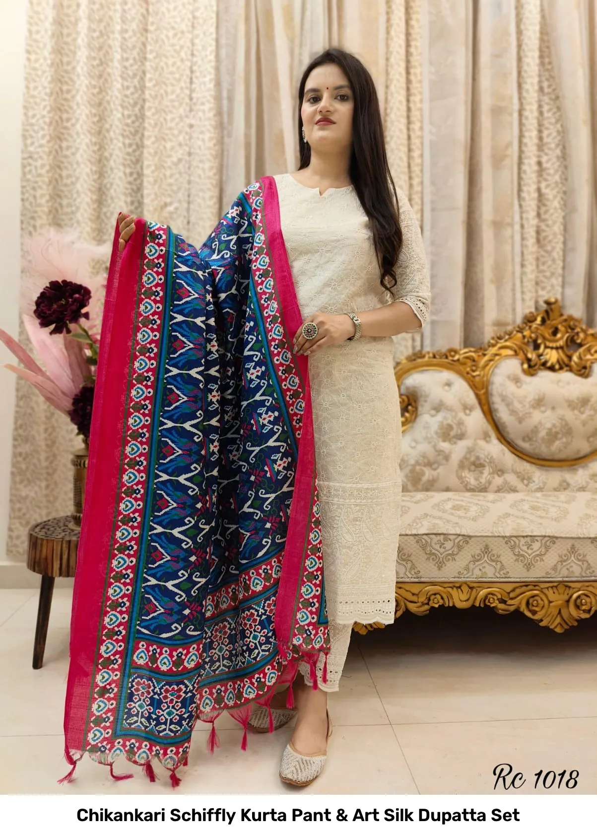 Chikankari Schiffly Kurta Pant & Art Silk Dupatta Set 6