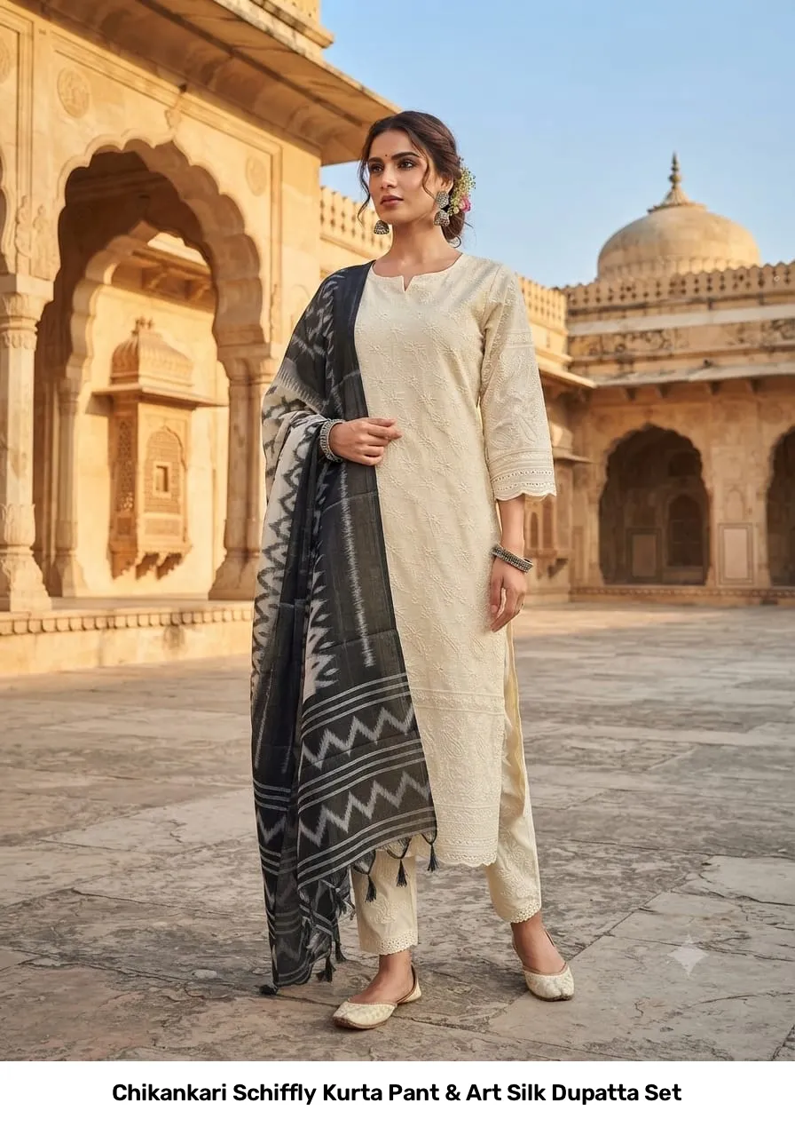 Chikankari Schiffly Kurta Pant & Art Silk Dupatta Set 7
