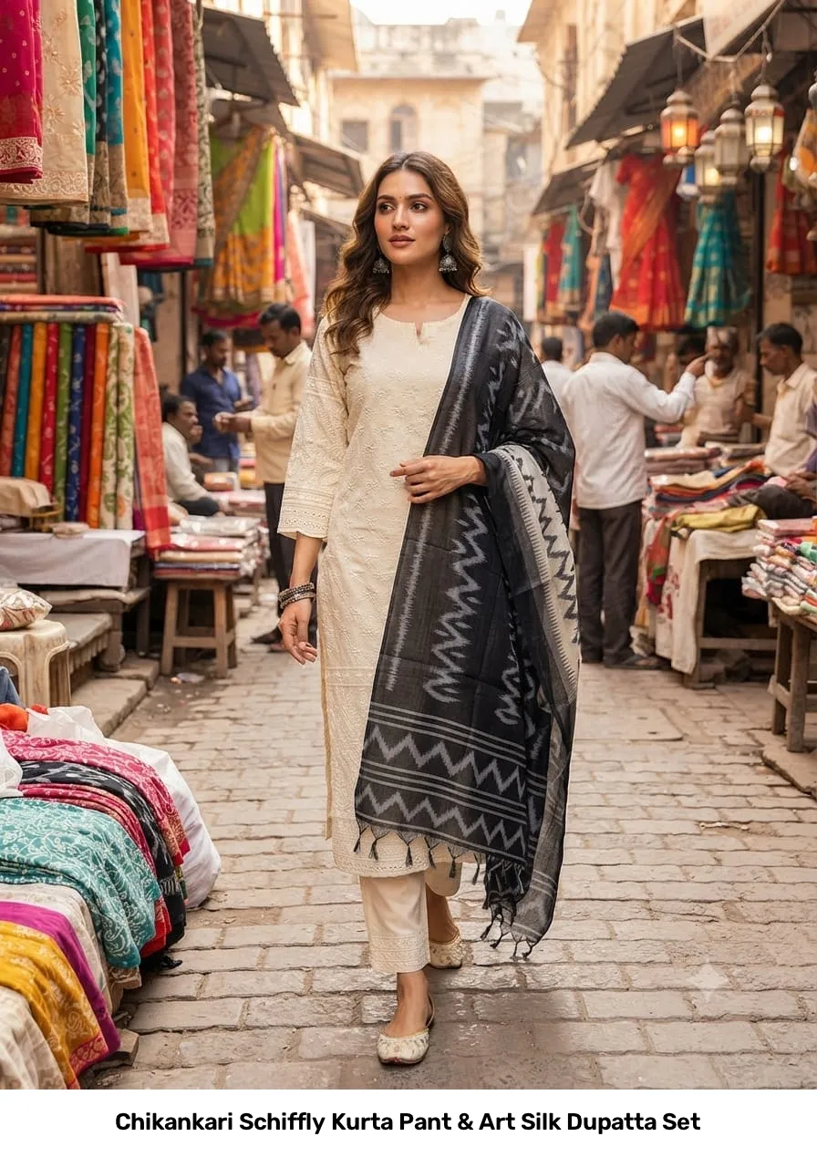 Chikankari Schiffly Kurta Pant & Art Silk Dupatta Set 8
