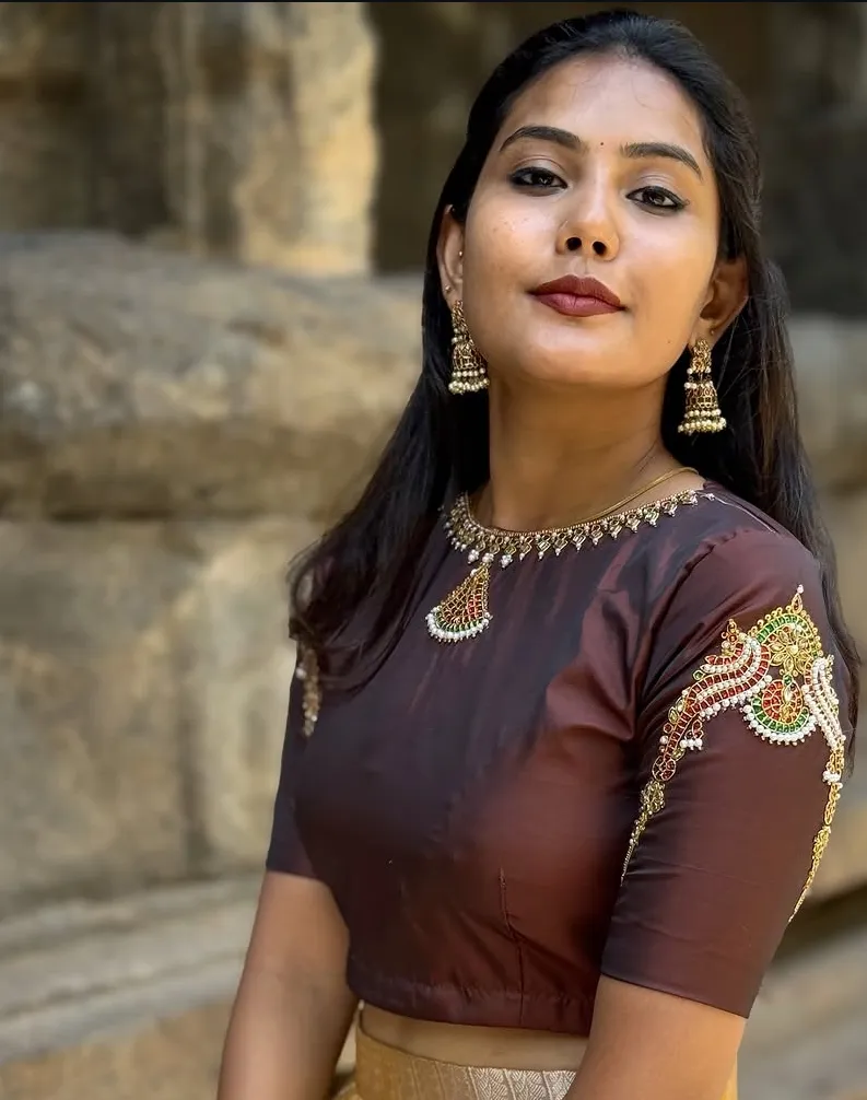 Chocolate Brown Neck Embroidery Silk Blouse