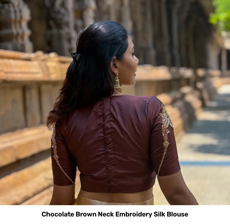 Chocolate Brown Neck Embroidery Silk Blouse 2