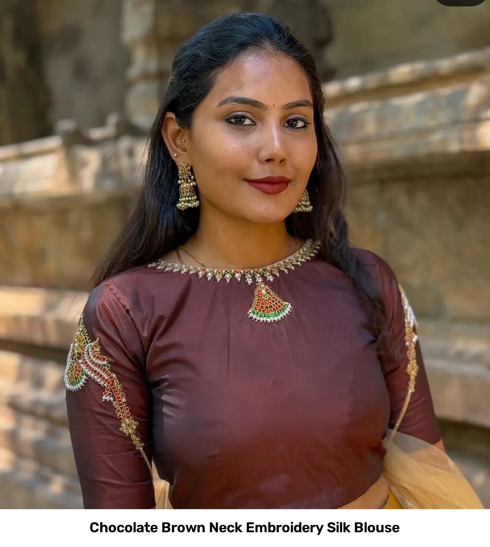 Chocolate Brown Neck Embroidery Silk Blouse 3