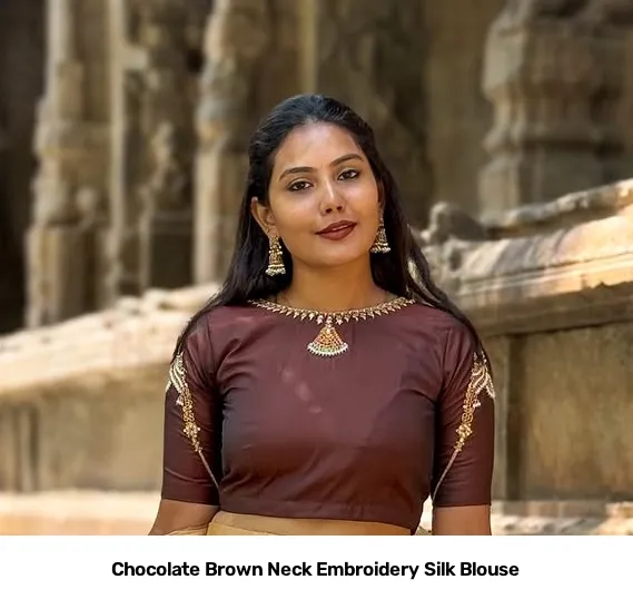Chocolate Brown Neck Embroidery Silk Blouse 4