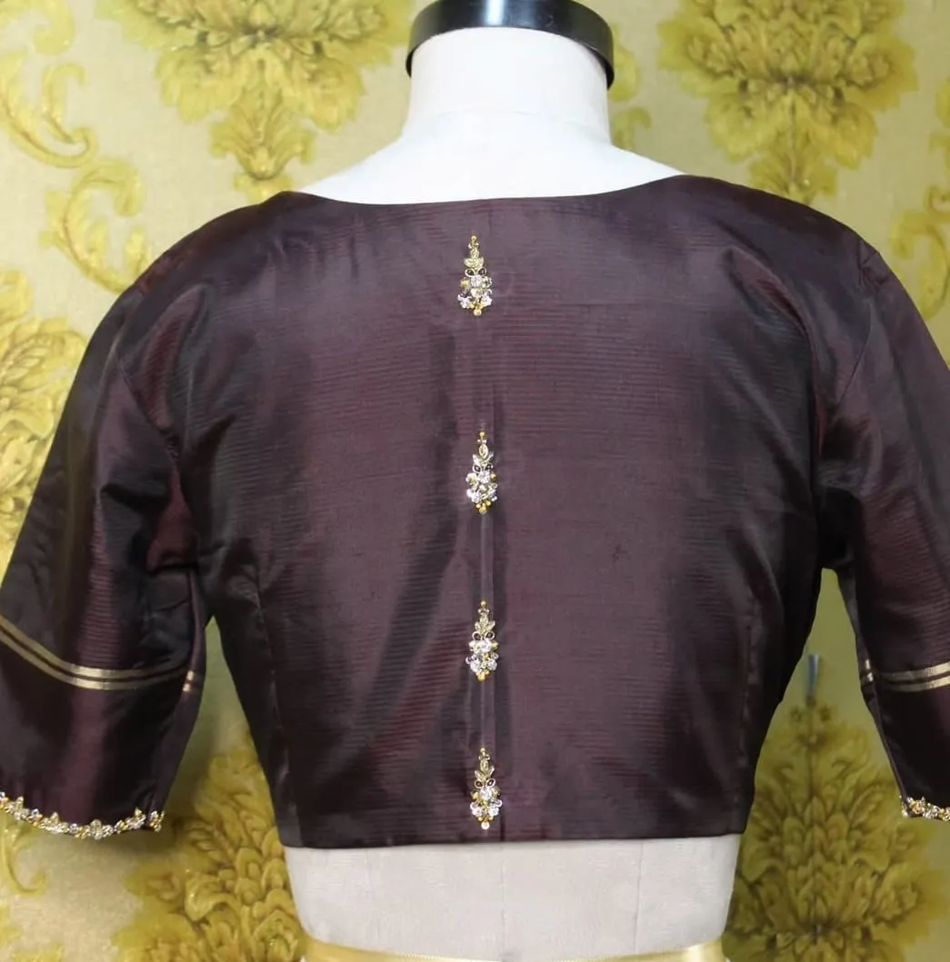 Chocolate Brown Pattu Blouse | Simple Gold Beadwork Neckline & Sleeve Edging | Kanjivaram Saree Blouse | Office & Festive Wear