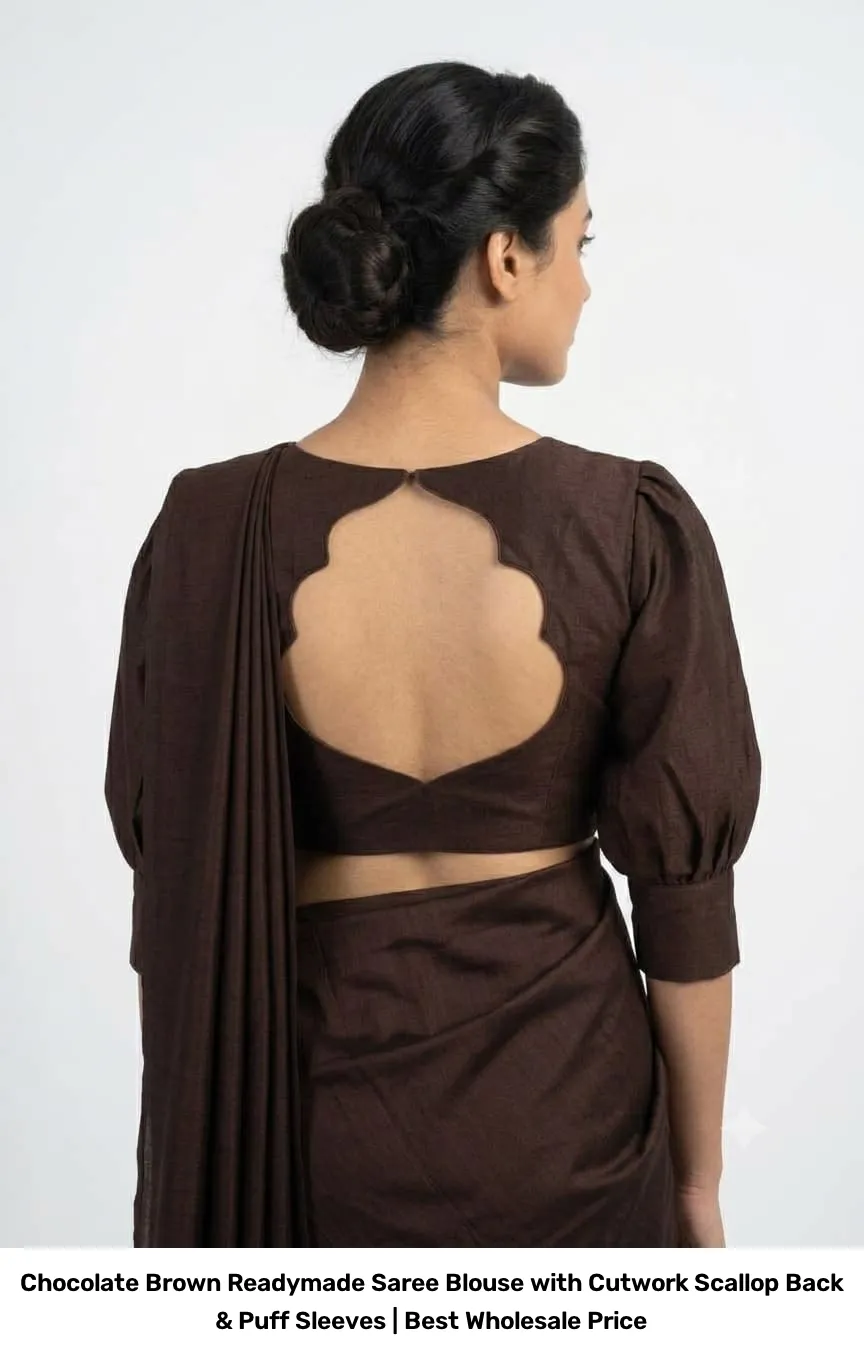 Chocolate Brown Readymade Saree Blouse with Cutwork Scallop Back & Puff Sleeves | Best Wholesale Price 2