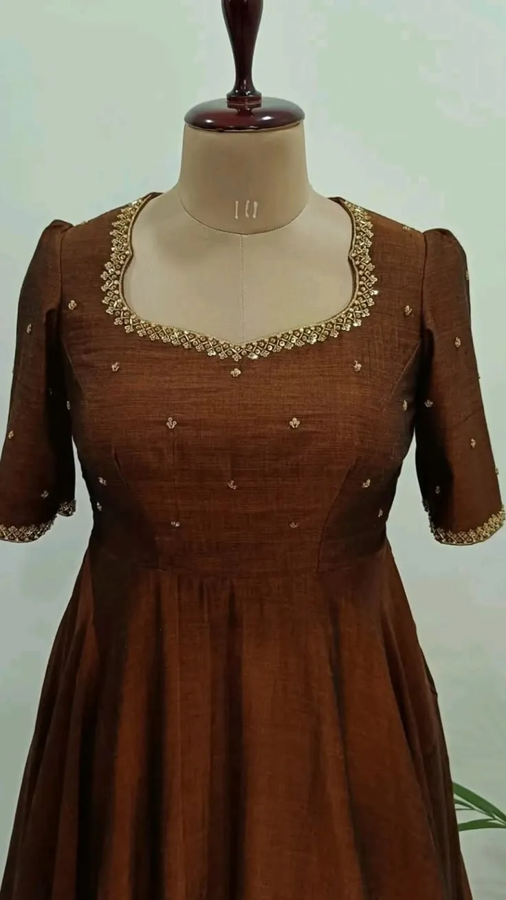 Chocolate Brown Silk Anarkali Gown with Kalamkari Dupatta