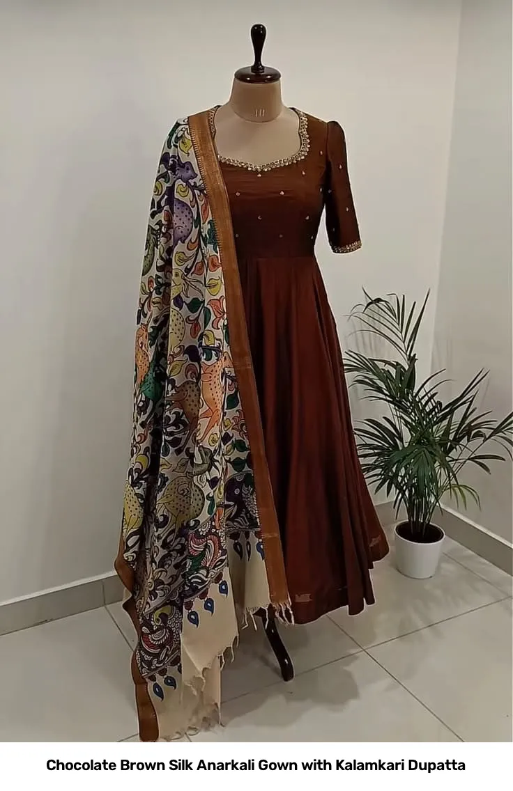 Chocolate Brown Silk Anarkali Gown with Kalamkari Dupatta 2