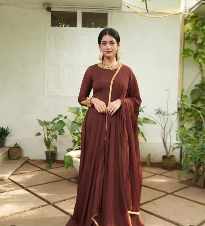Chocolate Brown Silk Anarkali Suit Set | Hand-Embroidered Zardozi Neckline & Cuff Full Sleeve Floor-Length Ethnic Gown with Dupatta