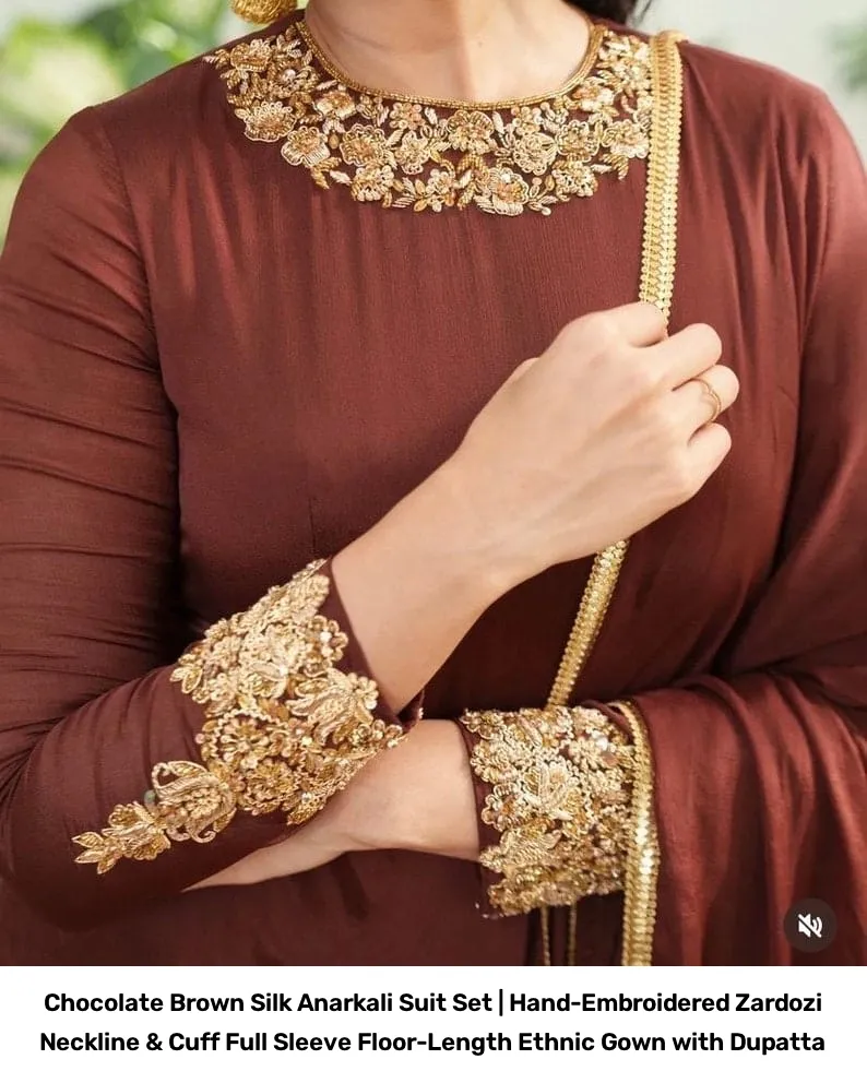 Chocolate Brown Silk Anarkali Suit Set | Hand-Embroidered Zardozi Neckline & Cuff Full Sleeve Floor-Length Ethnic Gown with Dupatta 3