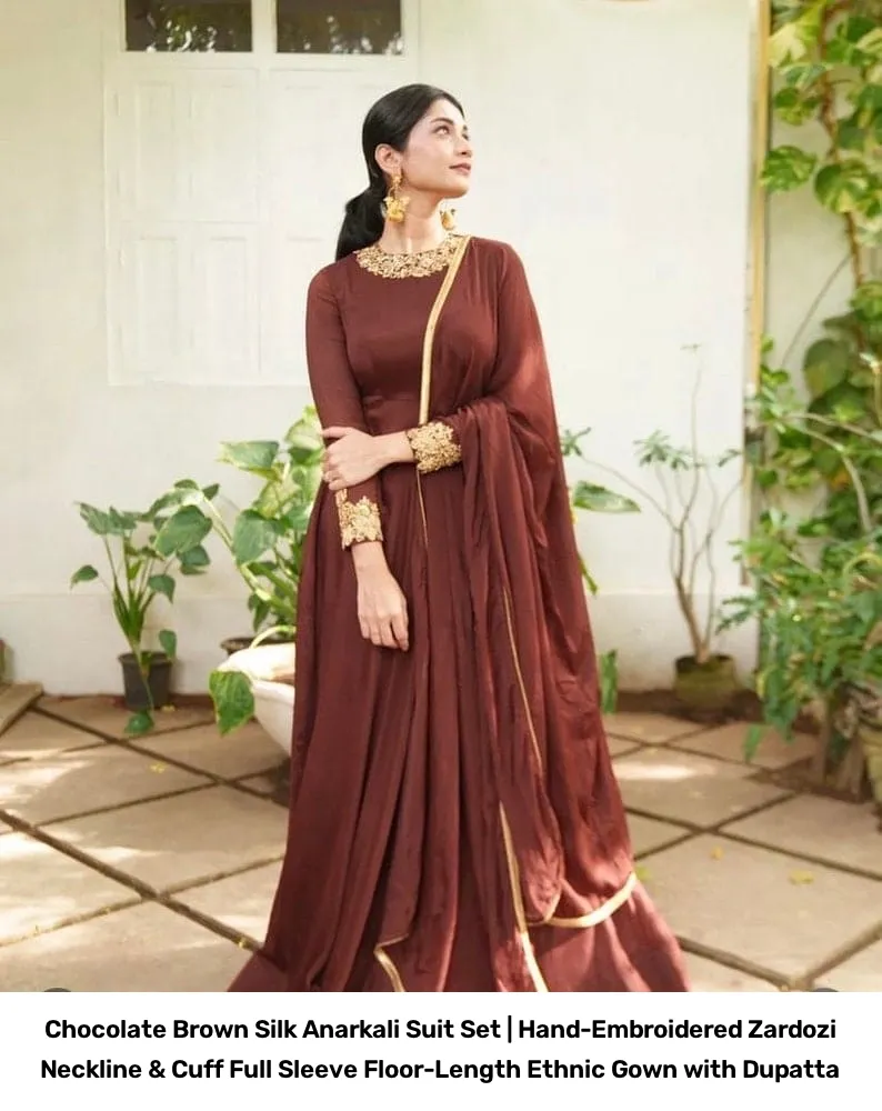 Chocolate Brown Silk Anarkali Suit Set | Hand-Embroidered Zardozi Neckline & Cuff Full Sleeve Floor-Length Ethnic Gown with Dupatta 4