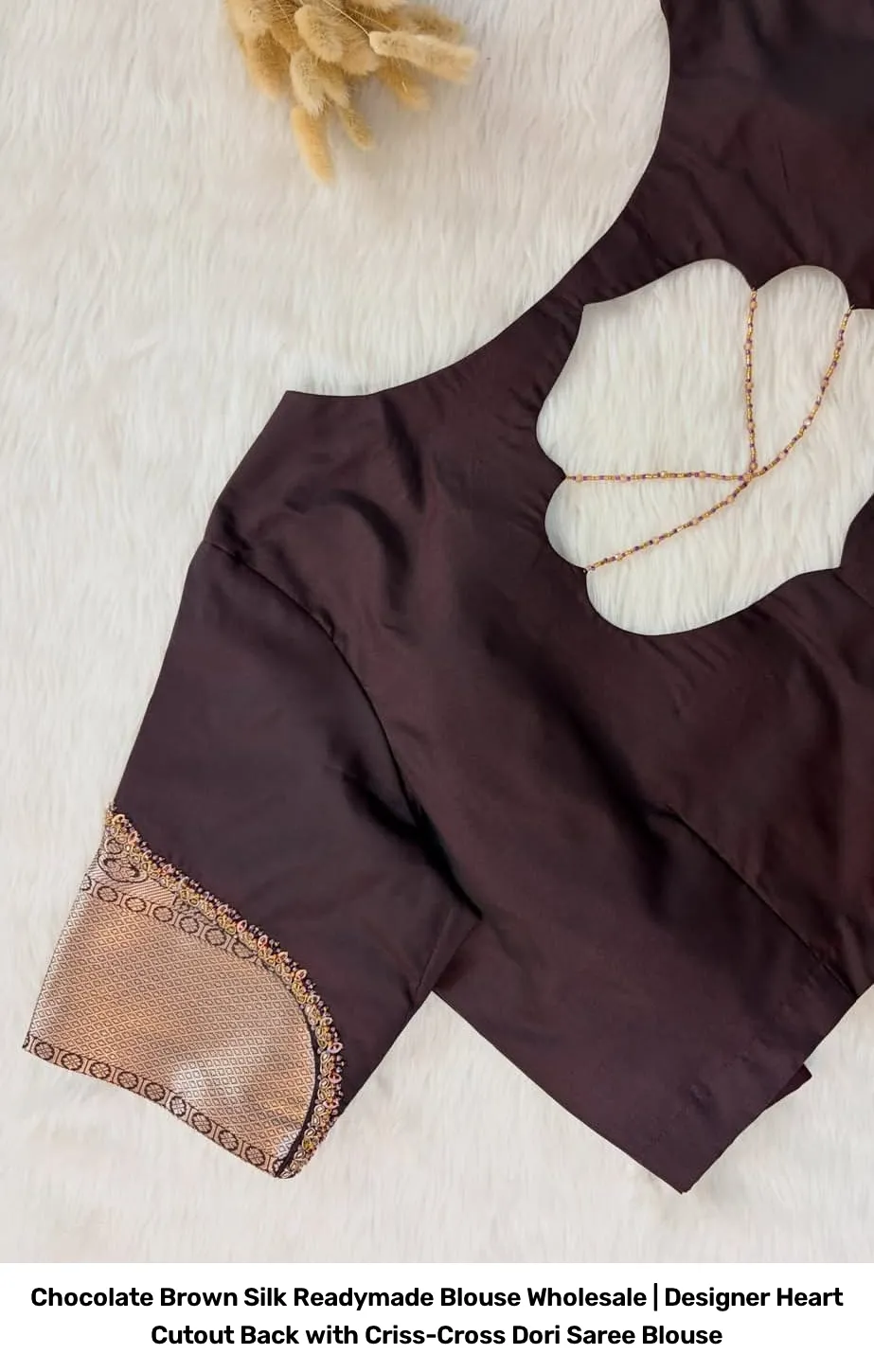 Chocolate Brown Silk Readymade Blouse Wholesale | Designer Heart Cutout Back with Criss-Cross Dori Saree Blouse 2