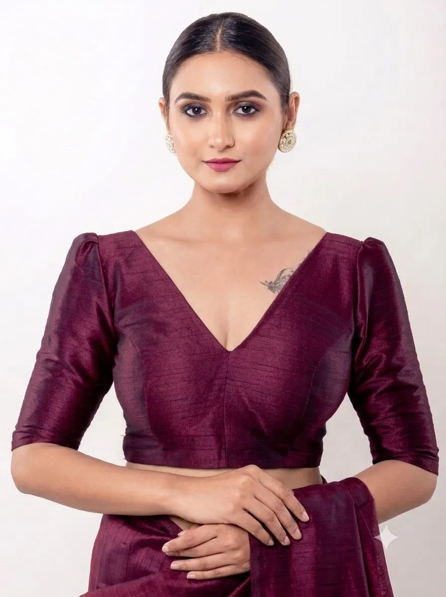 Classic Deep Double V-Neck Raw Silk Readymade Blouse | Elbow Length Puff Sleeve Crop Top for Sarees & Lehengas