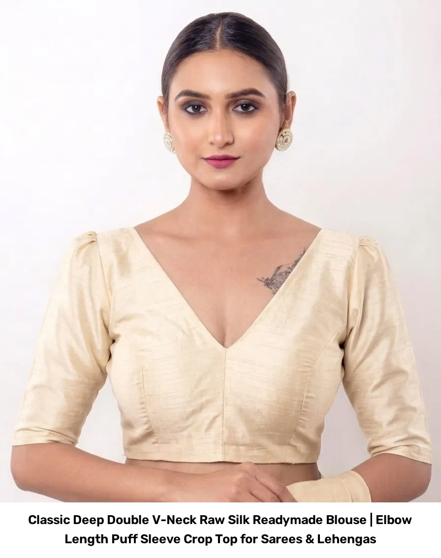 Classic Deep Double V-Neck Raw Silk Readymade Blouse | Elbow Length Puff Sleeve Crop Top for Sarees & Lehengas 2