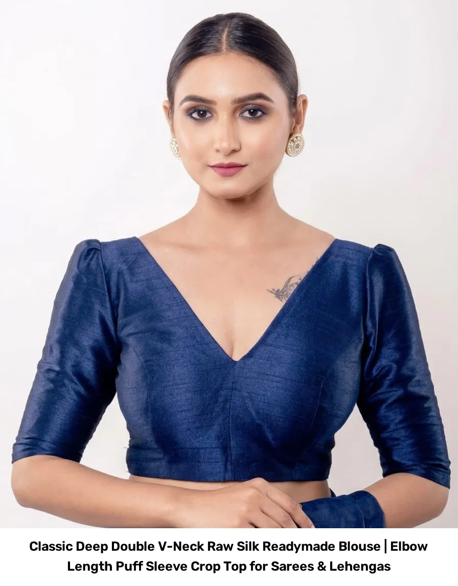Classic Deep Double V-Neck Raw Silk Readymade Blouse | Elbow Length Puff Sleeve Crop Top for Sarees & Lehengas 3
