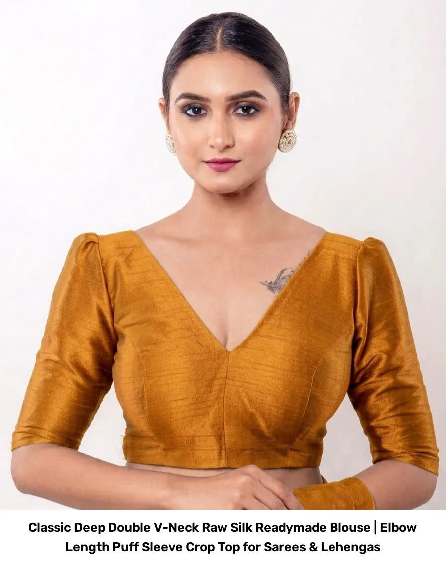 Classic Deep Double V-Neck Raw Silk Readymade Blouse | Elbow Length Puff Sleeve Crop Top for Sarees & Lehengas 5