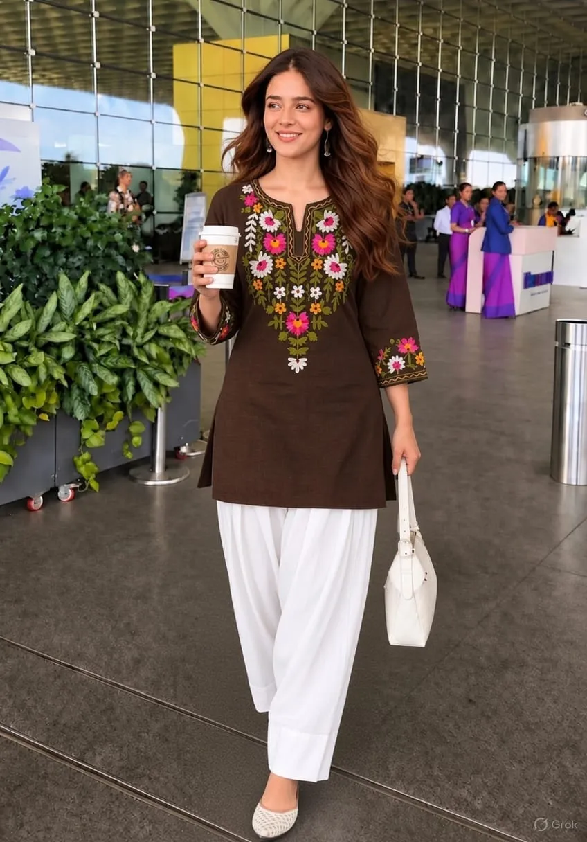 Coffee & White Embroidered Farshi Salwar Set
