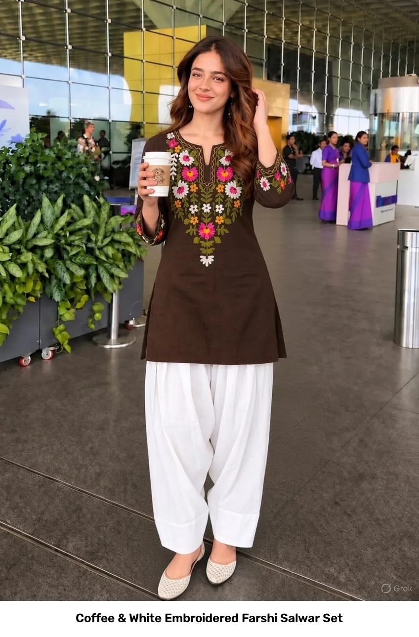 Coffee & White Embroidered Farshi Salwar Set 2