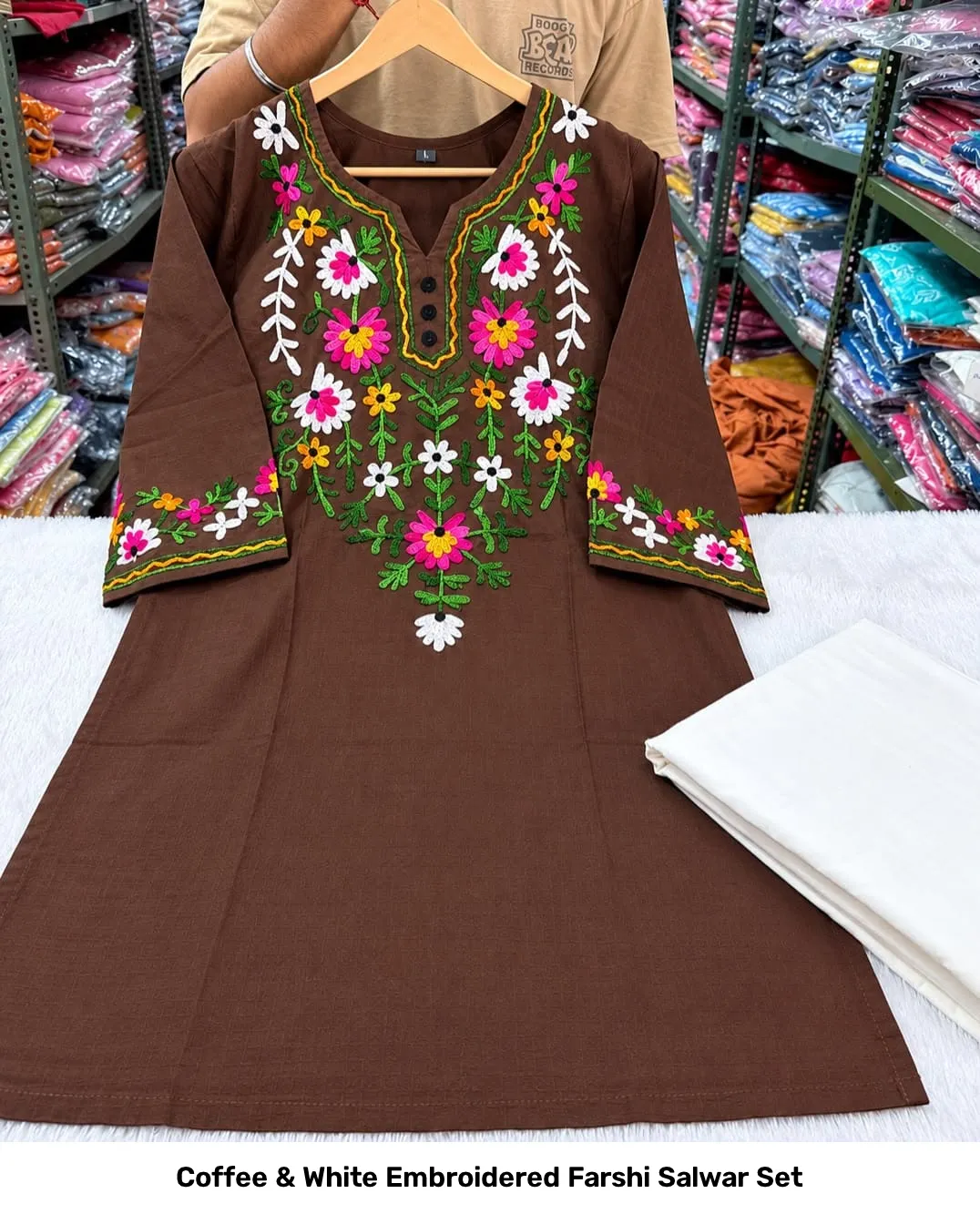 Coffee & White Embroidered Farshi Salwar Set 3
