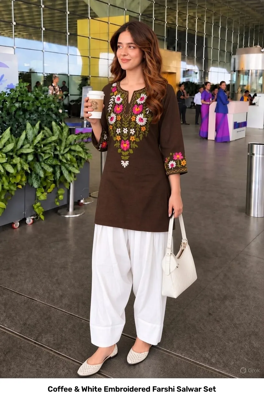 Coffee & White Embroidered Farshi Salwar Set 4