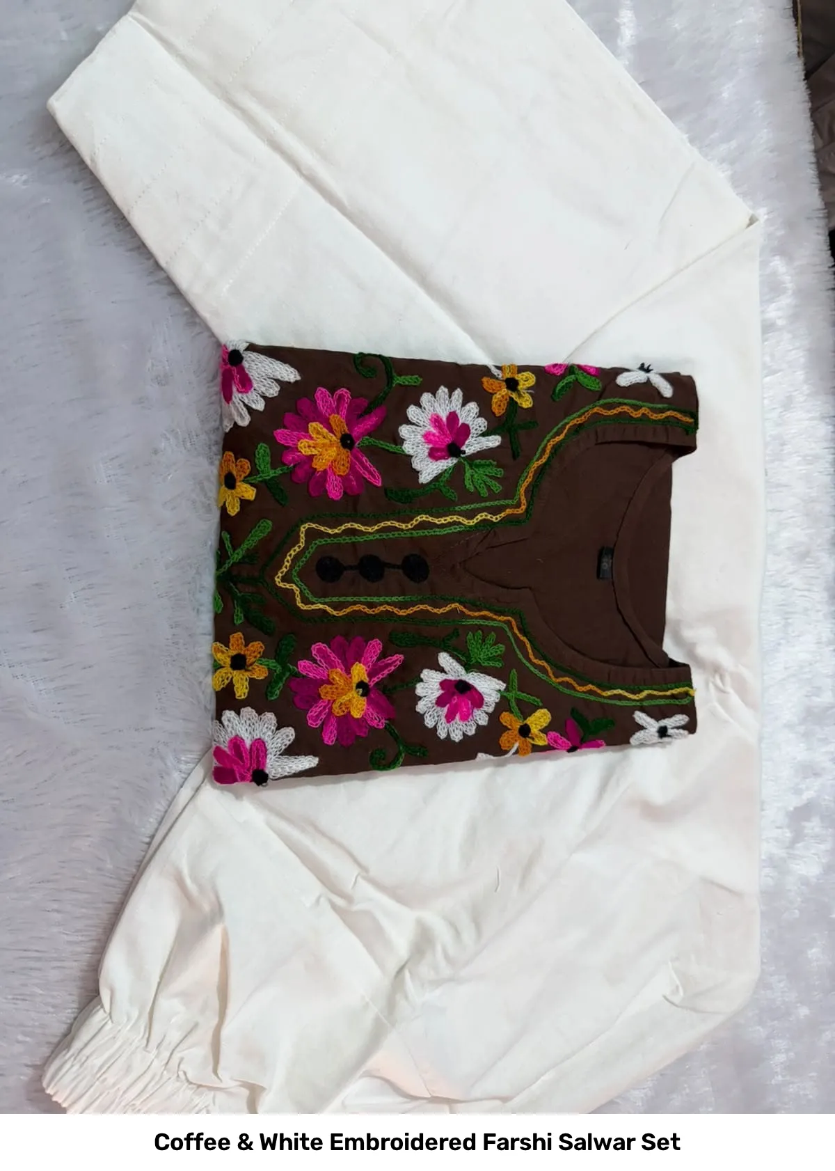 Coffee & White Embroidered Farshi Salwar Set 5