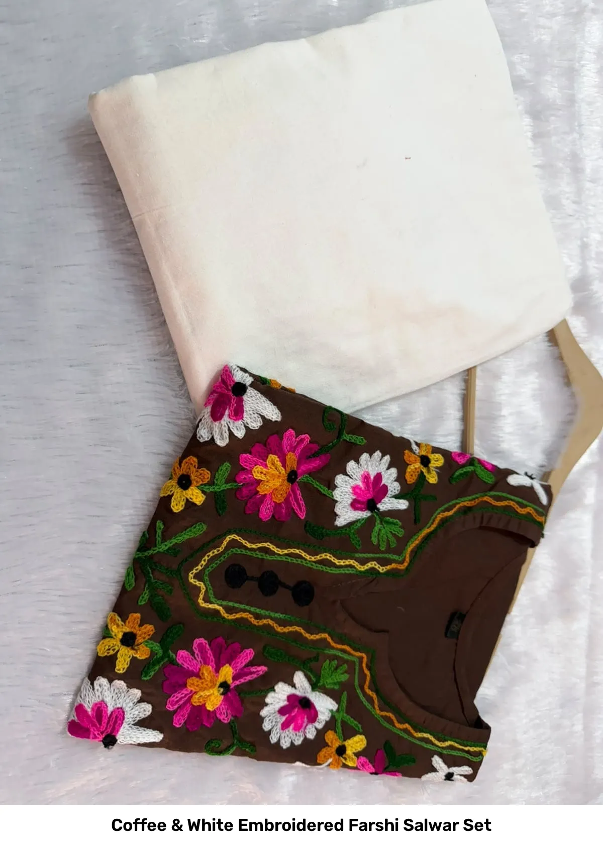 Coffee & White Embroidered Farshi Salwar Set 6