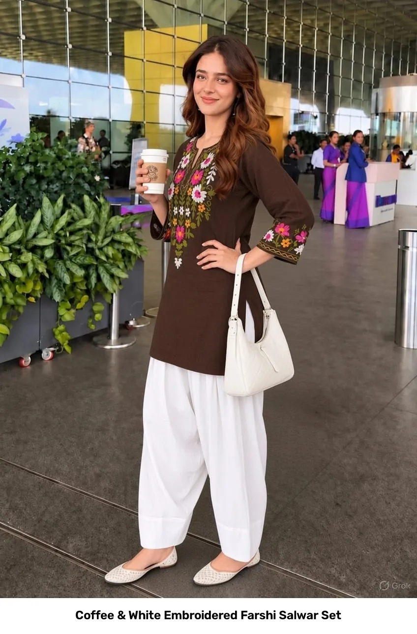 Coffee & White Embroidered Farshi Salwar Set 7