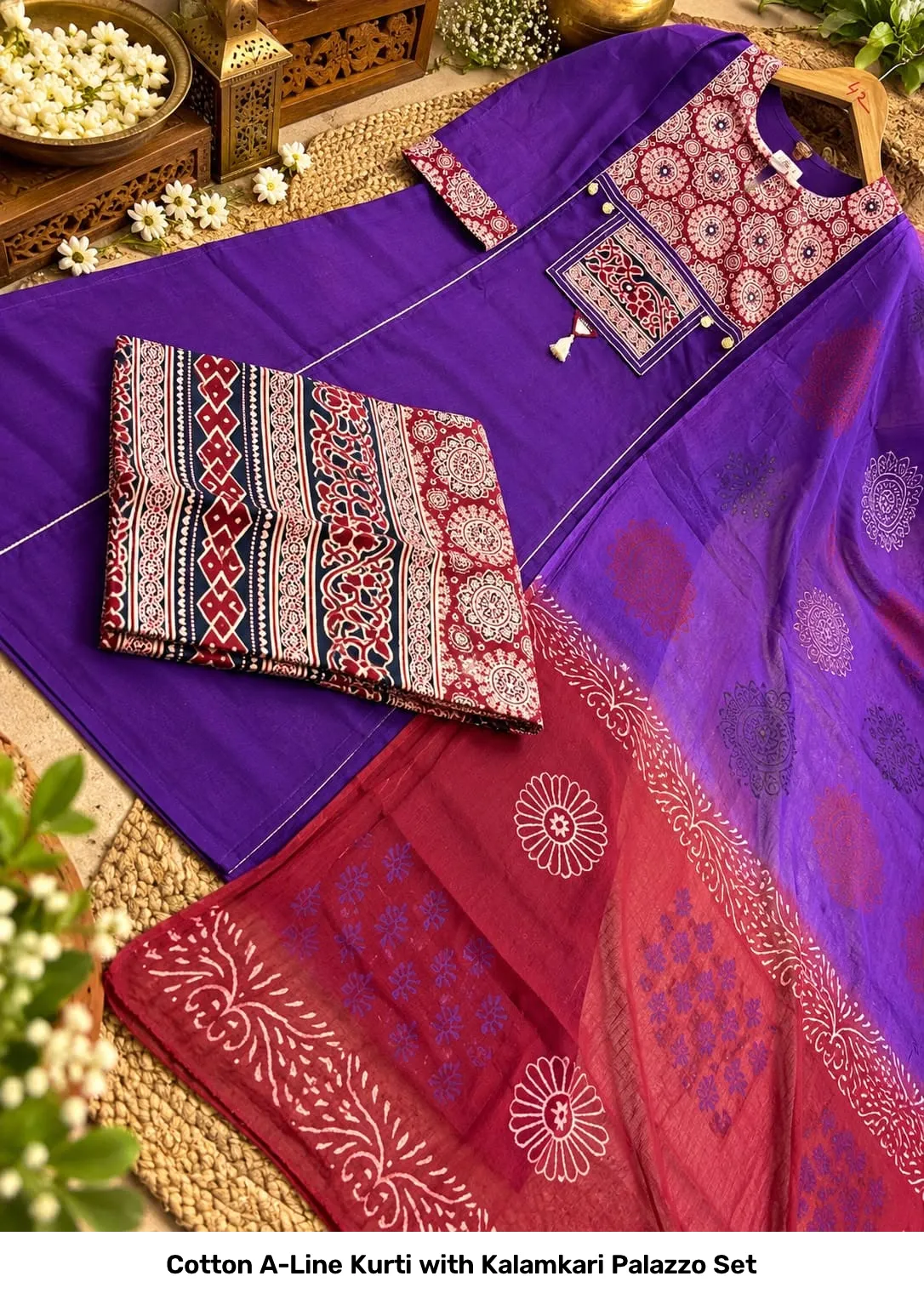 Cotton A-Line Kurti with Kalamkari Palazzo Set 3