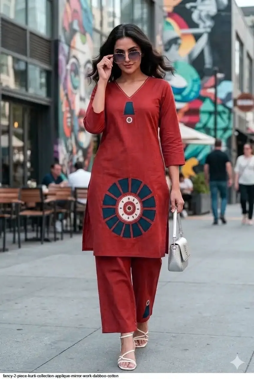 Cotton Applique Work Kurti & Pant Co-ord Set