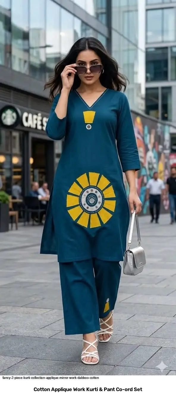 Cotton Applique Work Kurti & Pant Co-ord Set 3