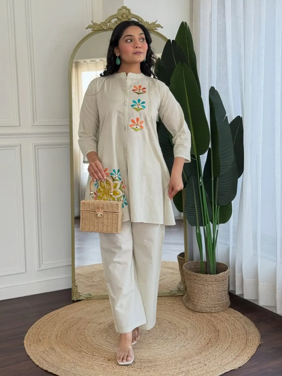 Cotton Flex Embroidered Kurti Pant Co-Ord Set with Mirror Work & Pockets 1