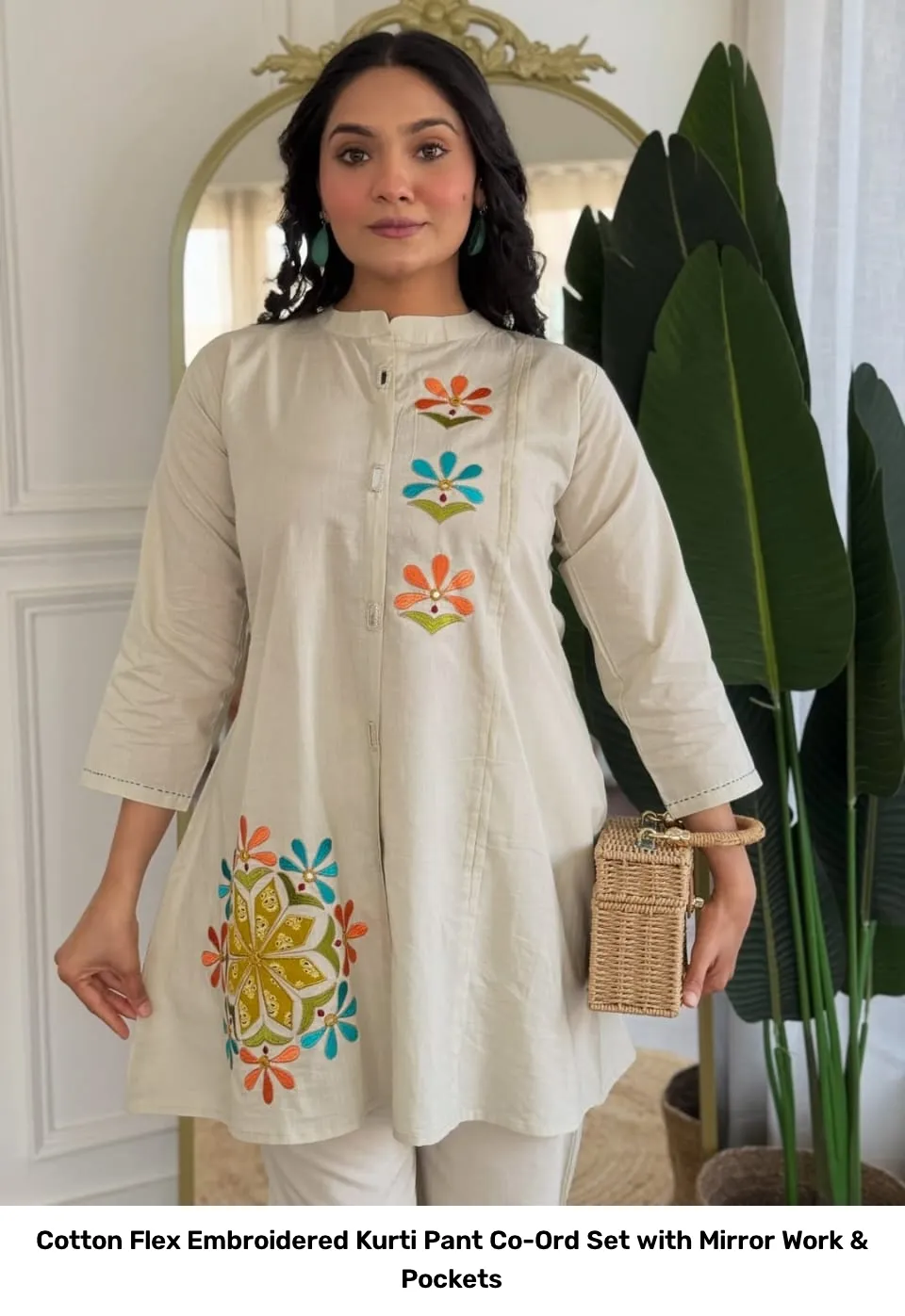 Cotton Flex Embroidered Kurti Pant Co-Ord Set with Mirror Work & Pockets 2