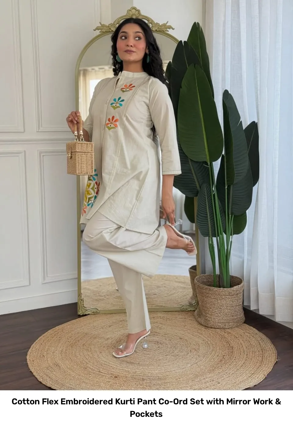 Cotton Flex Embroidered Kurti Pant Co-Ord Set with Mirror Work & Pockets 3