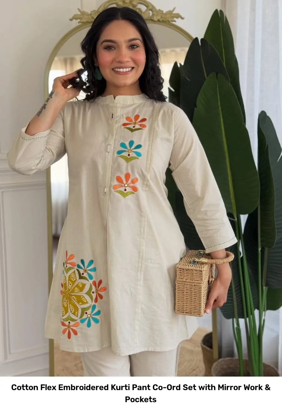 Cotton Flex Embroidered Kurti Pant Co-Ord Set with Mirror Work & Pockets 4