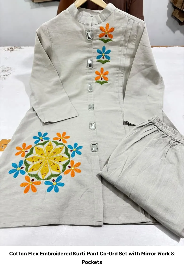 Cotton Flex Embroidered Kurti Pant Co-Ord Set with Mirror Work & Pockets 5