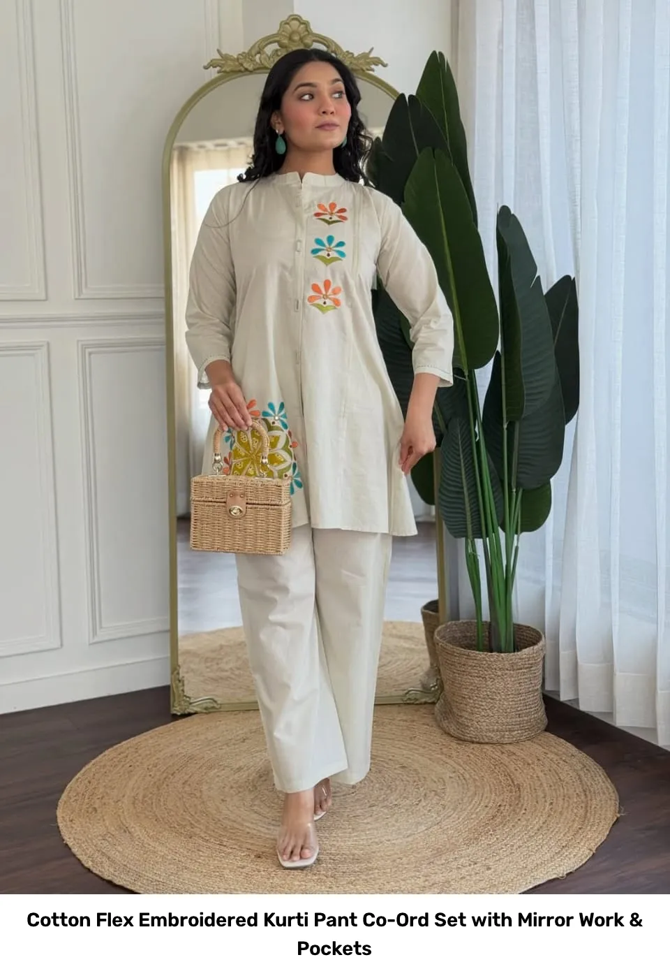 Cotton Flex Embroidered Kurti Pant Co-Ord Set with Mirror Work & Pockets 6