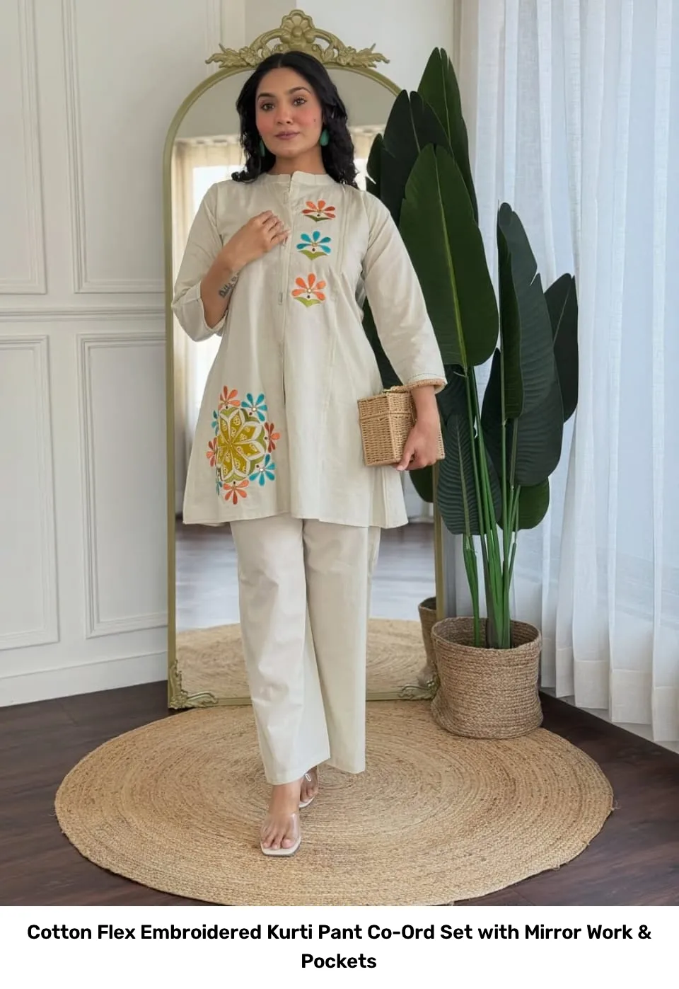 Cotton Flex Embroidered Kurti Pant Co-Ord Set with Mirror Work & Pockets 7