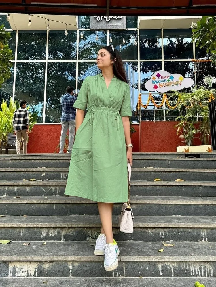 Cotton Slub V-Neck Midi Dress with Drawstring Waist Tie-Up & Side Pocket (Casual Summer Dress / Kurti) 1