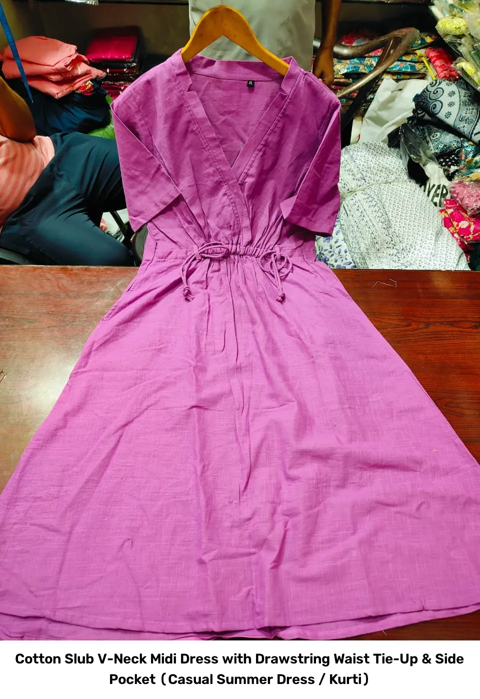 Cotton Slub V-Neck Midi Dress with Drawstring Waist Tie-Up & Side Pocket (Casual Summer Dress / Kurti) 2