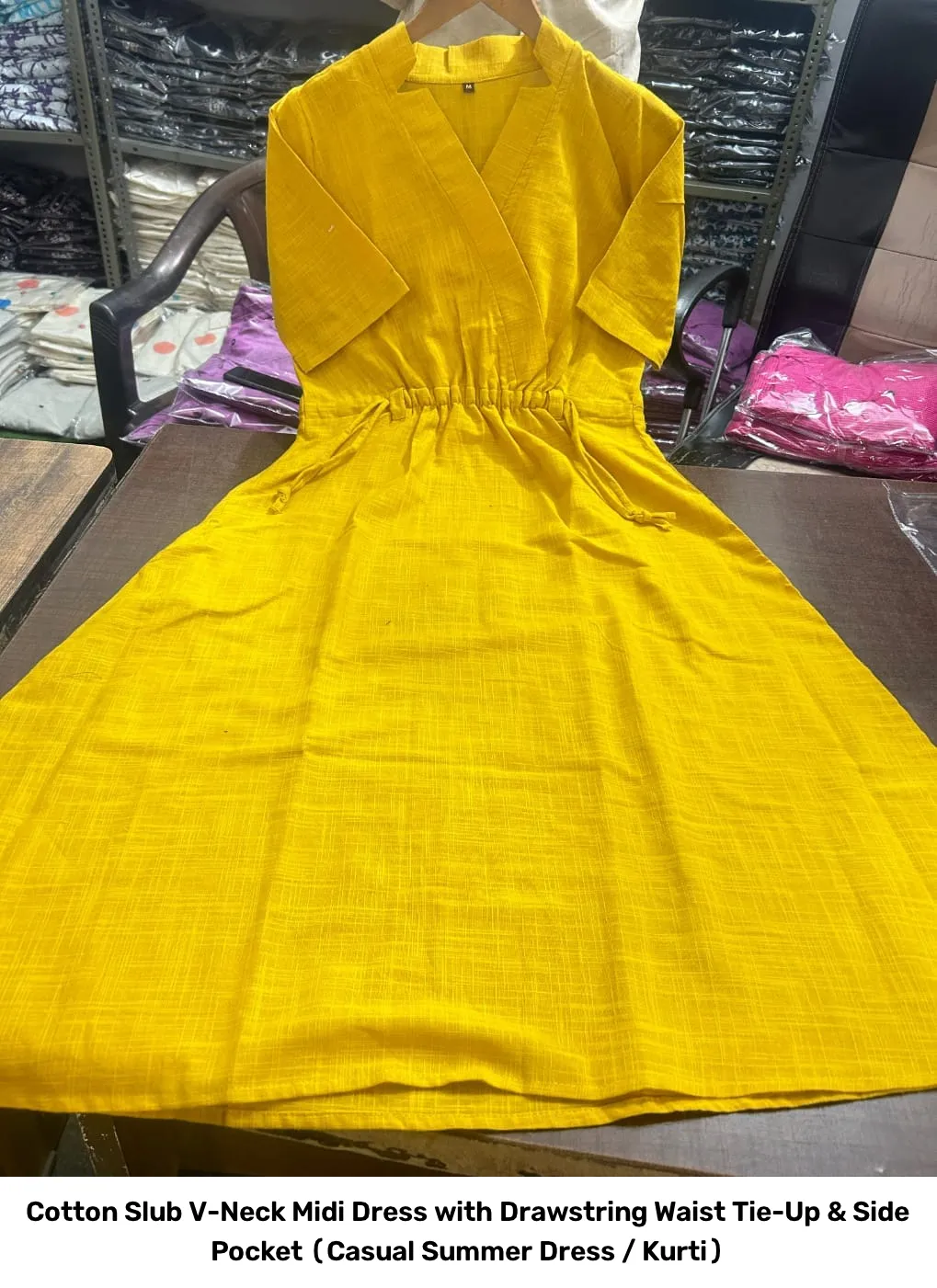 Cotton Slub V-Neck Midi Dress with Drawstring Waist Tie-Up & Side Pocket (Casual Summer Dress / Kurti) 3