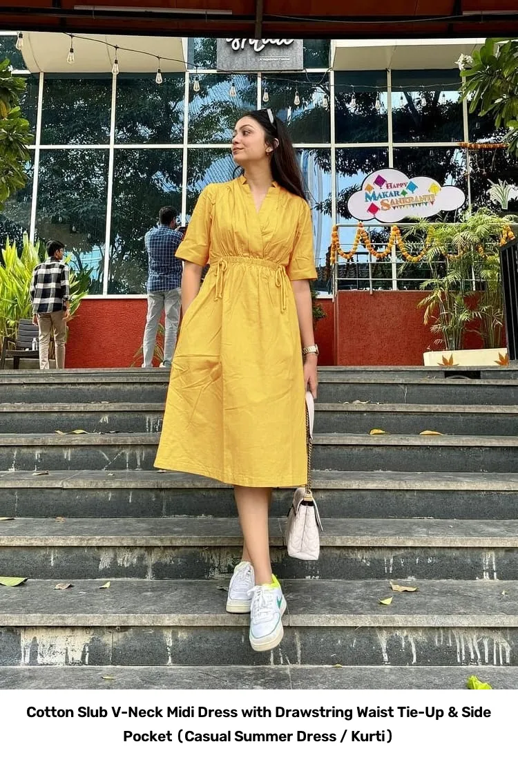 Cotton Slub V-Neck Midi Dress with Drawstring Waist Tie-Up & Side Pocket (Casual Summer Dress / Kurti) 4